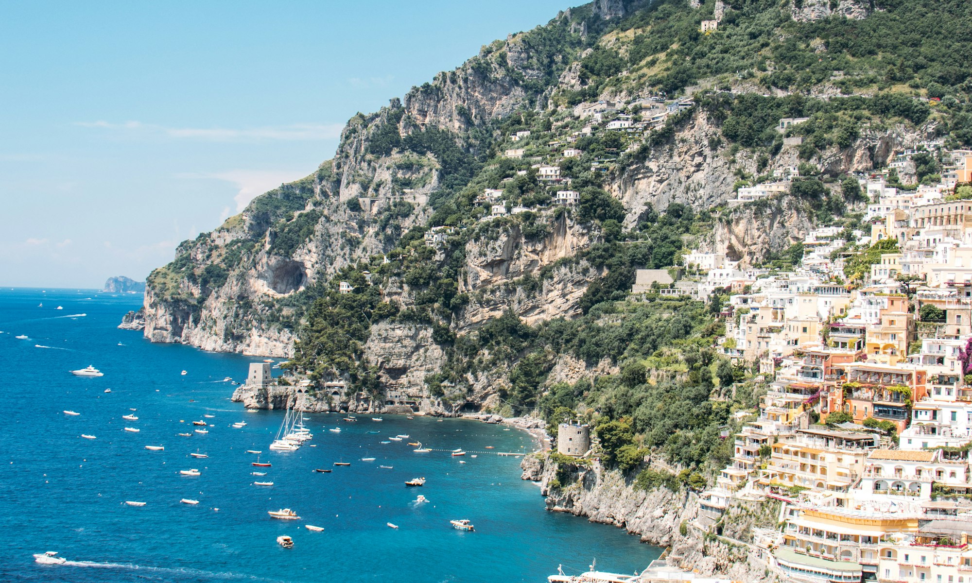 The colorful buildings of Positano above the Mediterranean Sea